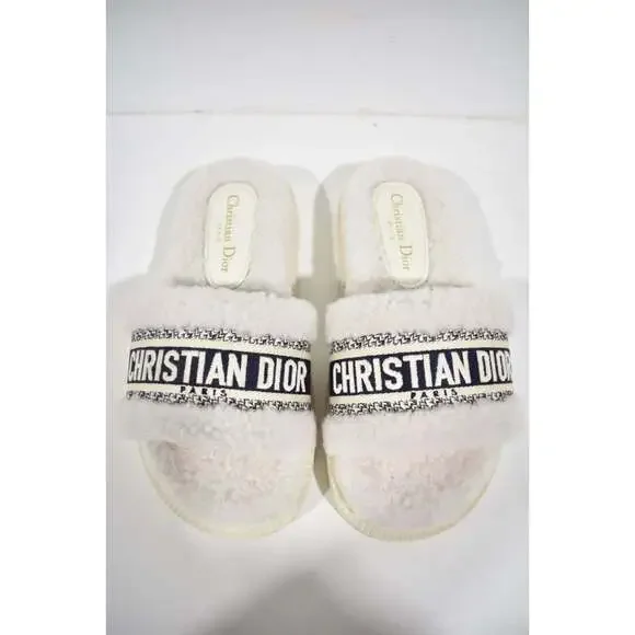Christian Dior Dway Blue White Shearling Fur Logo Chunky Slide Flat Sandal 41
